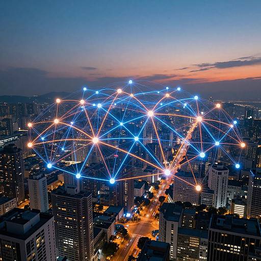 Photograph of a cityscape at dusk with a glowing network of blue and orange lights resembling a 3D star chart, spanning over high-rise buildings