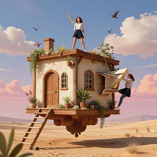 Digital illustration of two girls in school uniforms, one standing on a whimsical, potted plant-adorned, floating wooden house in a desert with