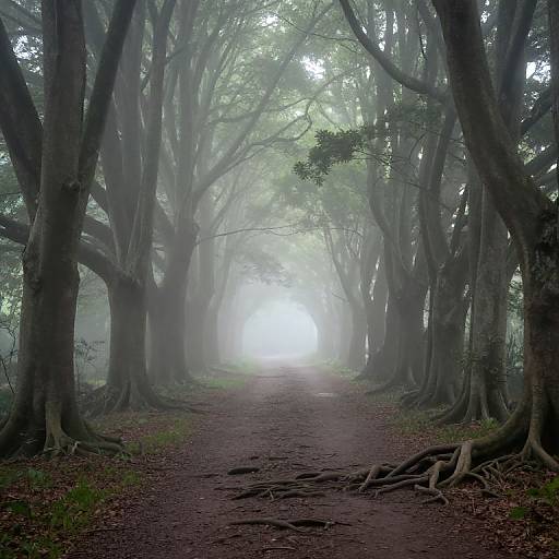 Photograph of a misty forest path, flanked by tall, dense trees with thick trunks and roots, leading to a bright, foggy