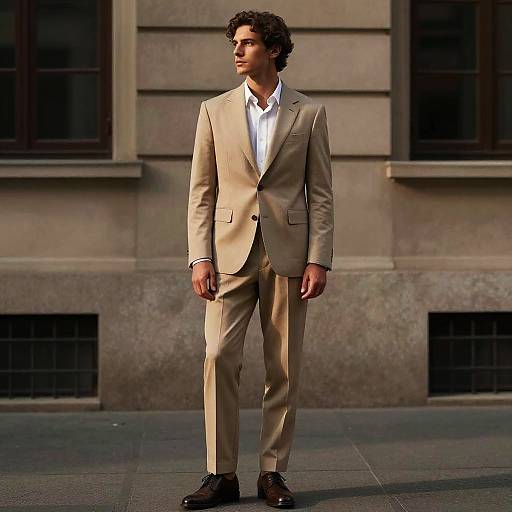 Man in Tan Suit Outside Building