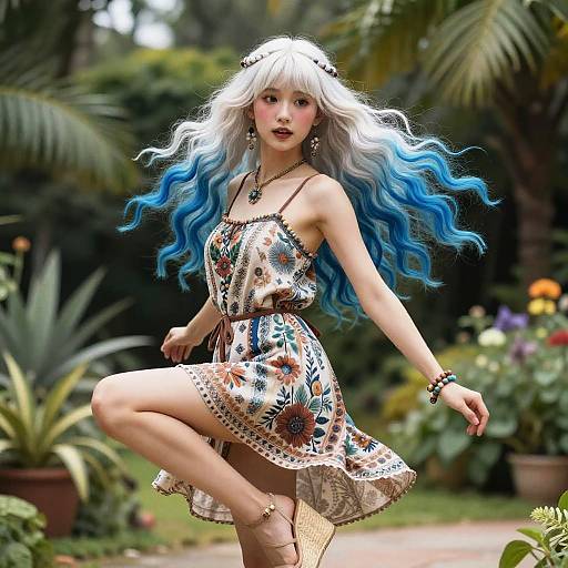 Woman with Blue Ombre Hair in Boho Dress