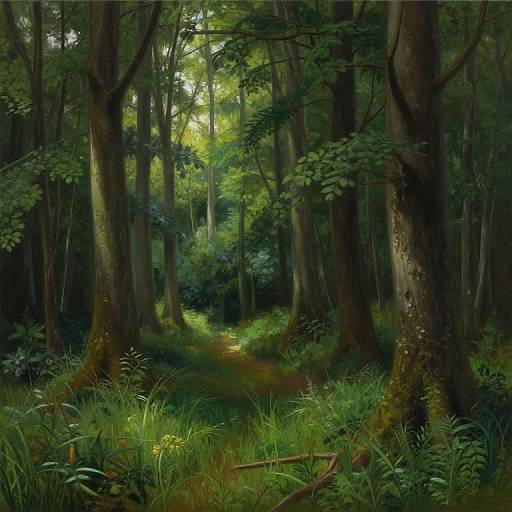 Photorealistic digital painting of a lush, dense forest with towering trees, vibrant green foliage, sunlight filtering through, and a mossy, grassy