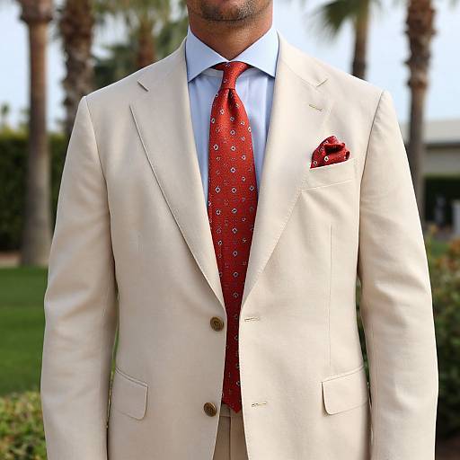 Photograph of a man in a beige suit, red patterned tie, white shirt, and red pocket square, standing outdoors with palm trees in the