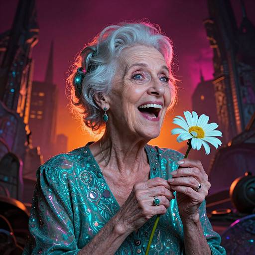 Photograph of an elderly woman with silver hair, wearing a teal, sequined top, holding a glowing white daisy, smiling against a vibrant,