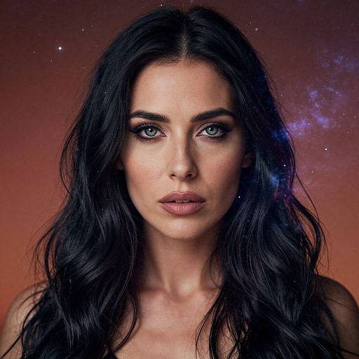 Photographic portrait of a stunning woman with long black wavy hair, piercing blue eyes, and neutral makeup, against a cosmic orange-purple background with star