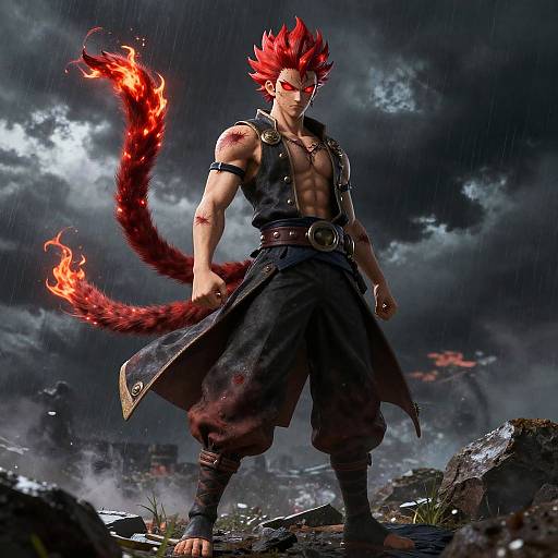 Digital artwork of a muscular, red-haired male warrior with glowing eyes, fiery tail, and black vest, standing in a stormy, ruined landscape.
