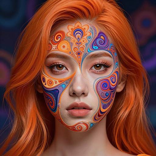 Digital portrait of a woman with vibrant orange hair, intricate face paint in swirling orange, blue, and purple patterns, against a dark, blurred background.