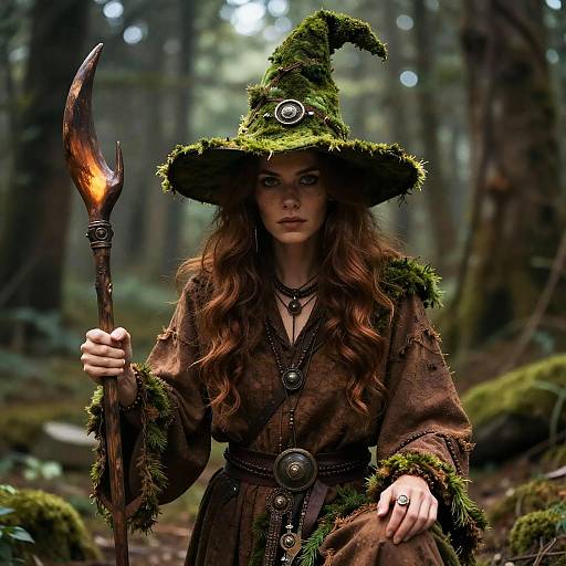 Photorealistic digital art of a mysterious witch with long red hair, green mossy hat, brown cloak, holding a fiery staff, in a dense