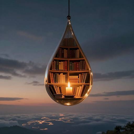 Photograph of a teardrop-shaped pendant lamp with a warm, glowing interior, reflecting books and a light bulb, set against a twilight sky with