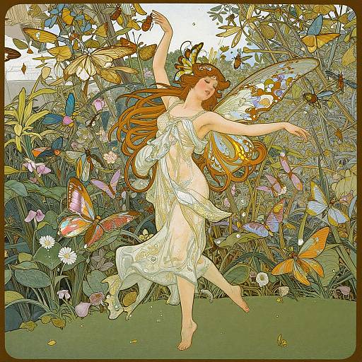 Digital illustration of a fairy with long brown hair, translucent wings, and a flowing white dress, dancing amidst colorful butterflies and lush flowers in a vibrant garden