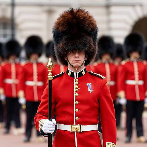 Photograph of a British Guardsman in a red uniform, white belt, and large black bearskin hat, holding a sword, with blurred fellow Guards