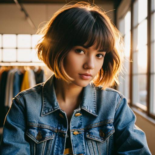 Young Woman with Pixie Bob Hairstyle in Denim Jacket