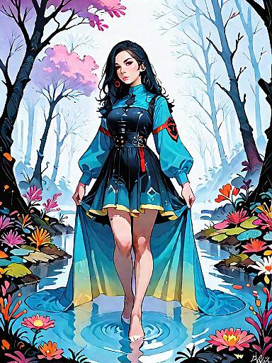 Dark Fantasy Girl in Blue Dress in Mystical Forest