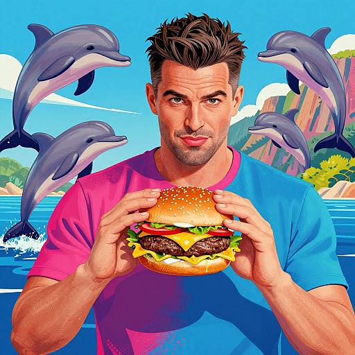 Digital illustration of a muscular, dark-haired man in a pink-blue shirt, holding a burger with dolphins flying around him, set against a bright, sunny