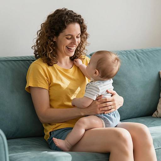 Joyful Moment on a Teal Couch