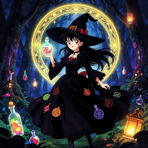 Digital anime-style illustration of a black-haired witch in a dark dress, holding a glowing potion bottle, surrounded by magical symbols, glowing lanterns, and