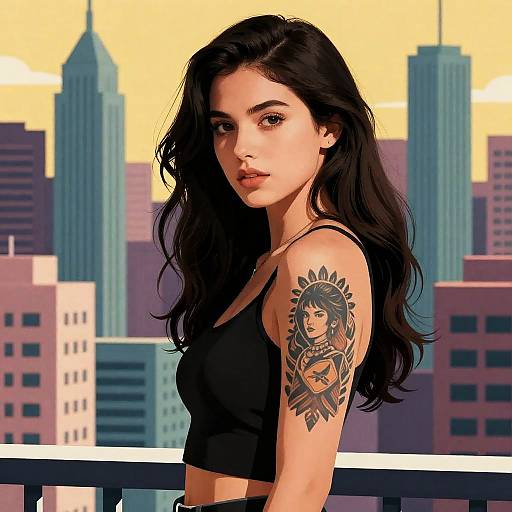 Brunette Tattooed City Comic Portrait