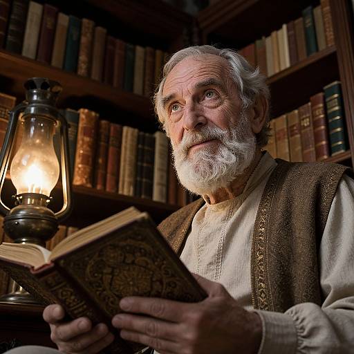 Photograph of an elderly white man with white beard, wearing medieval-style clothing, reading a book by lantern light in a dimly lit library filled with