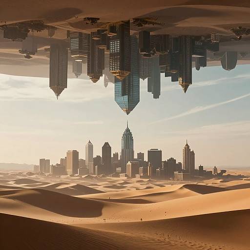 Digital art: Overhead view of futuristic skyscrapers hanging above a vast, sunlit desert with undulating sand dunes and a distant city skyline