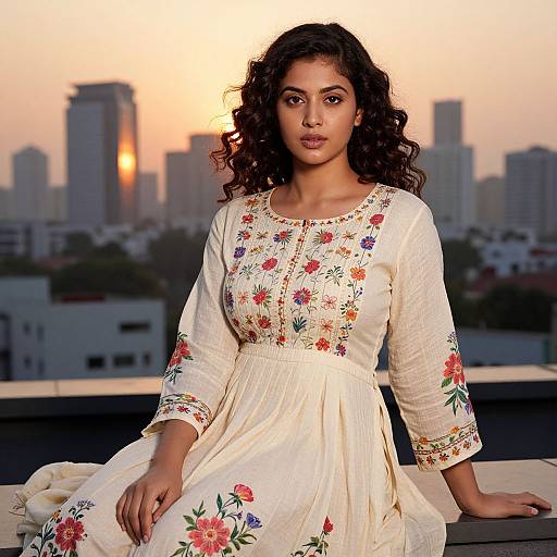 Photograph of a young South Asian woman with curly black hair, wearing a white floral embroidered dress, sitting on a rooftop at sunset, with a city