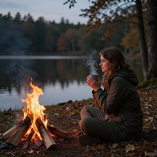 Photograph of a young woman with long brown hair, sitting by a campfire on a forested lakeshore, sipping from a mug,
