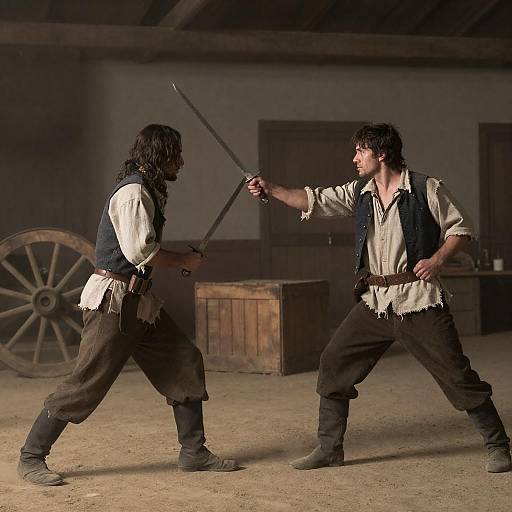 Dramatic Sword Duel in Dusty Barn