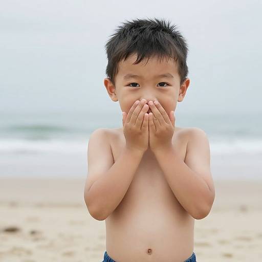 Photograph of a shirtless Asian boy with short black hair, covering his mouth with both hands, standing on a sandy beach with a blurred ocean and