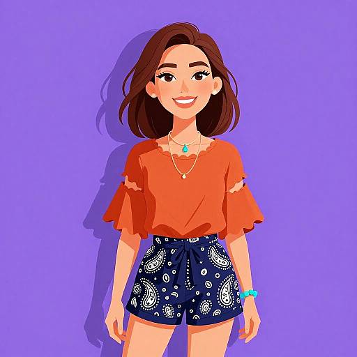 Digital illustration of a smiling woman with brown hair, orange ruffle top, and blue patterned shorts, against a purple background.