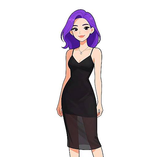 Digital anime-style drawing of a smiling woman with purple hair, wearing a black sleeveless dress and necklace, standing against a white background.
