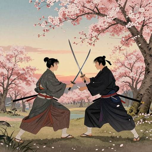 Samurai Duel at Cherry Blossom Sunset