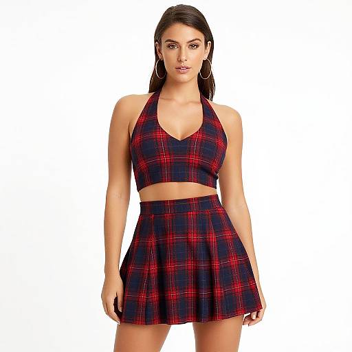 Photograph of a young woman with dark hair, wearing a red and black plaid halter top and matching skirt, standing against a plain white background