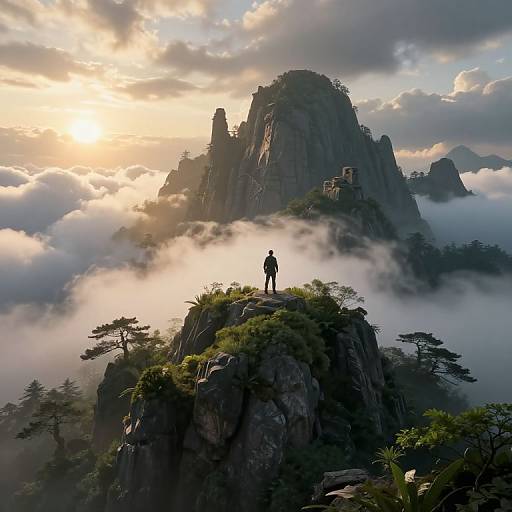 Digital artwork: Silhouetted figure stands on rocky peak, overlooking misty mountain with ancient ruins, illuminated by golden sunset sky.