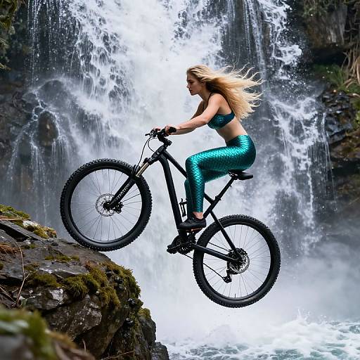 Blonde woman in teal sports bra and leggings, riding black mountain bike, jumps over waterfall with powerful, cascading water.