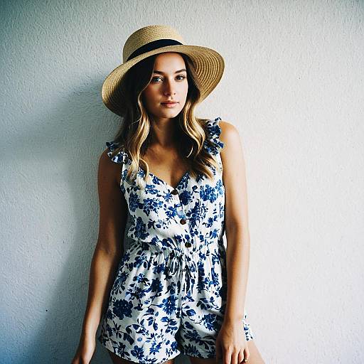 Woman in Blue Floral Summer Romper