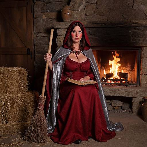 Photograph of a fair-skinned woman with dark red hair, wearing a maroon dress and silver cape, holding a broom, standing in front