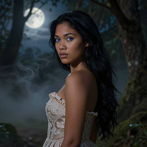 Photograph of a beautiful, dark-skinned woman with long black hair and striking blue eyes, wearing an intricate lace strapless dress, standing in a