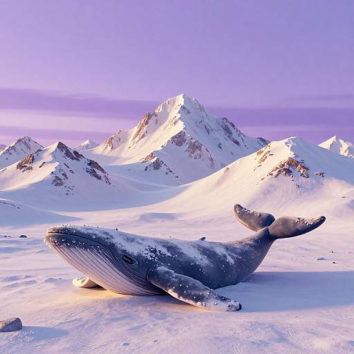 Photograph of a snow-covered, sunlit Antarctic landscape with a large, dead whale lying on the ice, surrounded by majestic, illuminated snow-capped