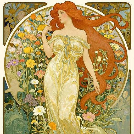 Digital illustration of a fair-skinned woman with long red hair in a flowing, off-the-shoulder yellow dress, surrounded by vibrant flowers, standing