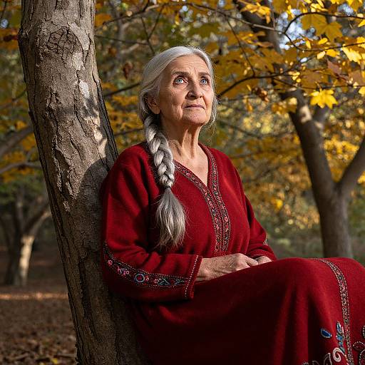 Photograph of an elderly woman with long, silver braided hair, wearing a red embroidered dress, seated against a tree in a sunny autumn forest.