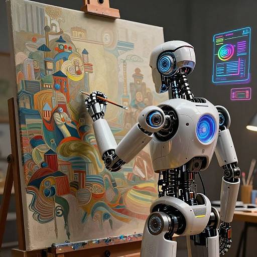 Photograph of a white robotic artist painting a colorful, abstract cityscape on canvas in a dimly lit studio with neon lights.