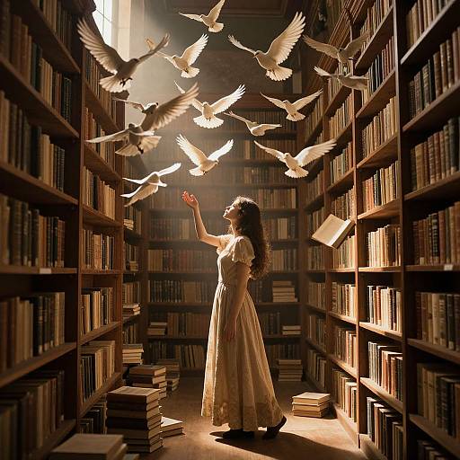 Photograph of a curly-haired woman in a white dress, reaching up to white doves flying in a dimly lit, expansive library.