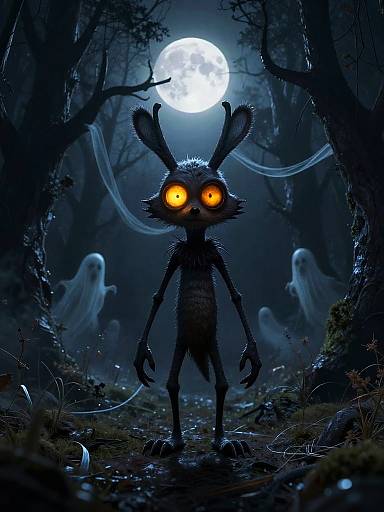 Digital artwork of a creepy, tall, shadowy rabbit with glowing orange eyes, standing in a dark, moonlit forest, surrounded by ghostly figures