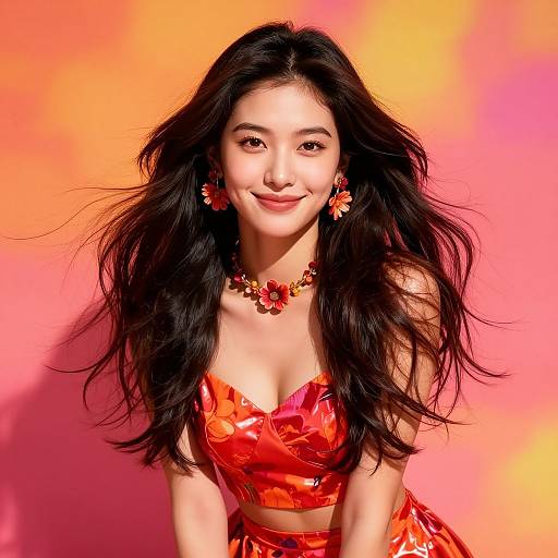 Photograph of an Asian woman with long black hair, wearing a red floral crop top and matching earrings, smiling against a vibrant orange-pink gradient background