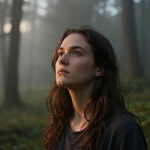 Photograph of a young woman with long, wet brown hair, looking upwards in a misty forest, wearing a dark shirt.