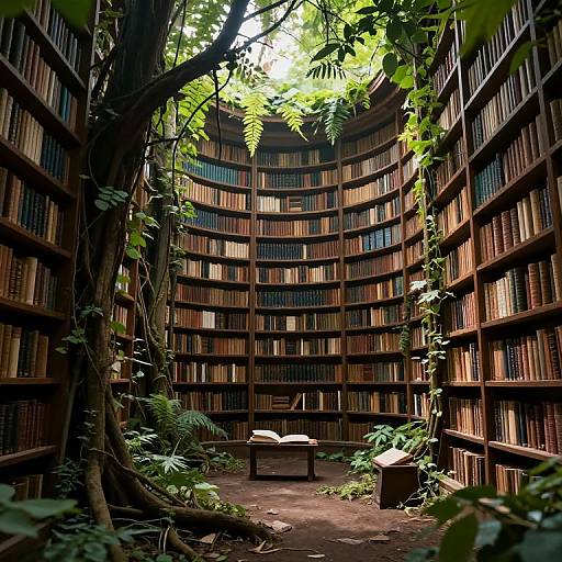 Photograph of a lush, leafy, curved library with tall wooden bookshelves, vines, and books, featuring a central reading table.
