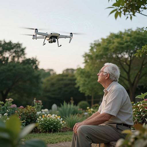 Serene Man Observing AI Drone