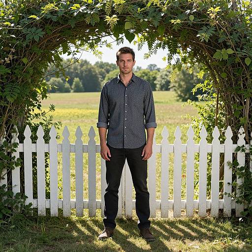 Photograph of a smiling man in a blue checkered shirt and black pants, standing under a leafy archway, in front of a white pick