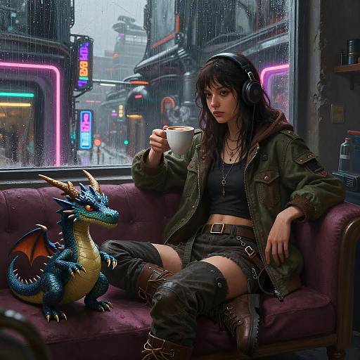 Cyberpunk scene: Dark-haired woman in green jacket, black top, and shorts, sips coffee on purple couch with blue dragon toy, rain