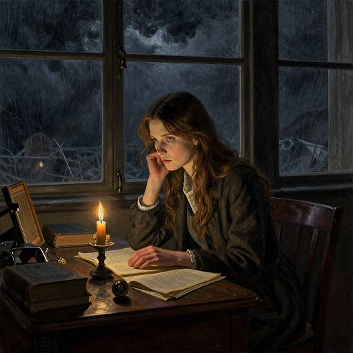 Photograph of a young woman with long brown hair, wearing a dark dress, writing by candlelight at a wooden desk, rain visible through a window