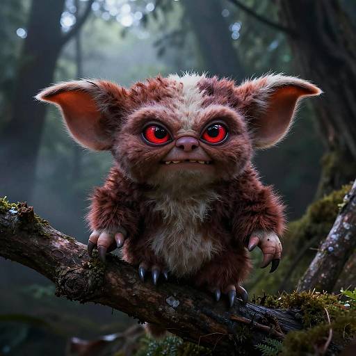 CGI image of a cute, small, brown, furry creature with large red eyes, big ears, and sharp claws perched on a mossy